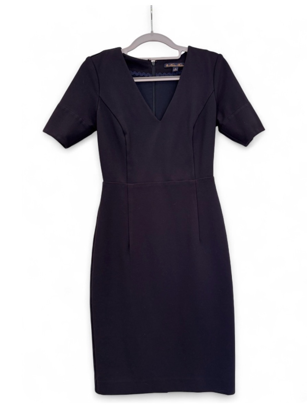 Brooks Brothers Dark Navy V-Neck Midi Sheath Dress with Short Sleeves